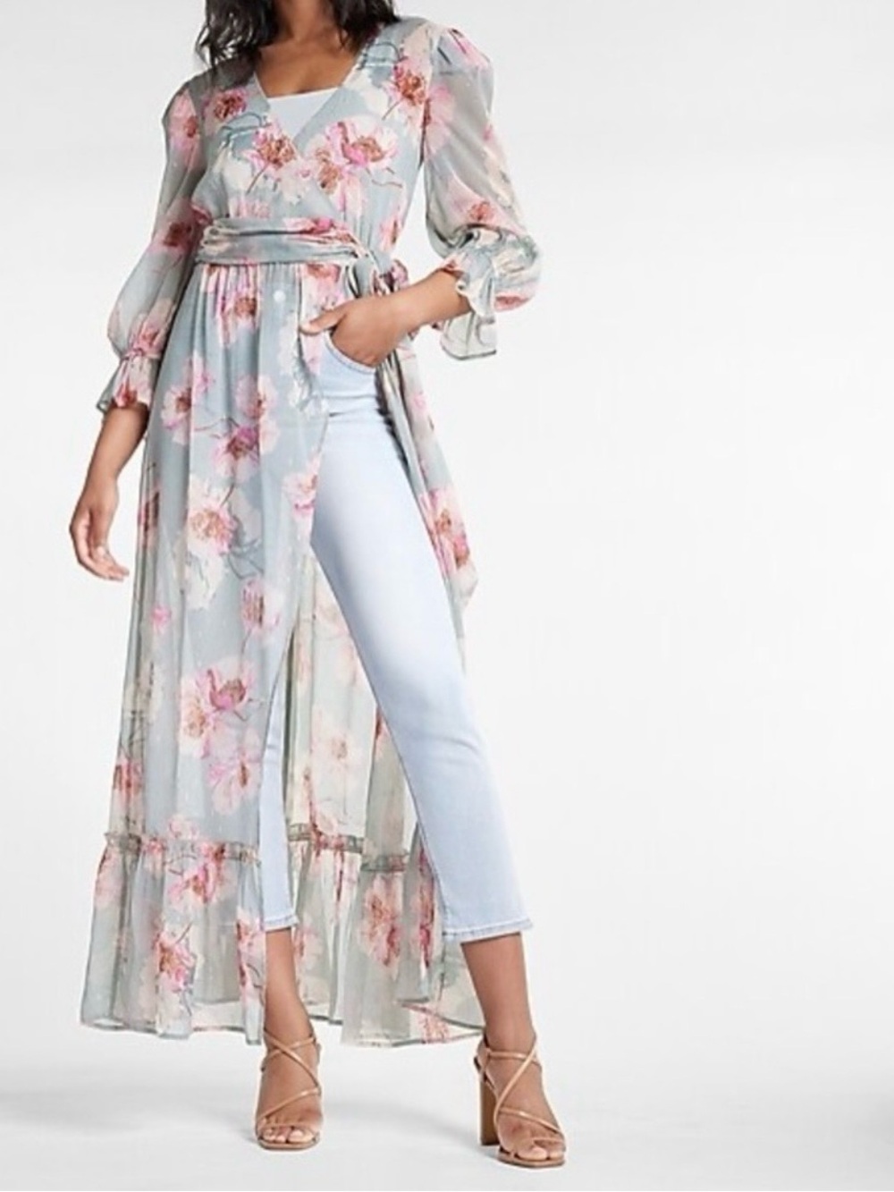 Express Floral Print Tie Waist Wrap Cover-Up Dress
